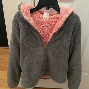 Belle du jour gray fleece jacket pink inside with rose gold zipper size L